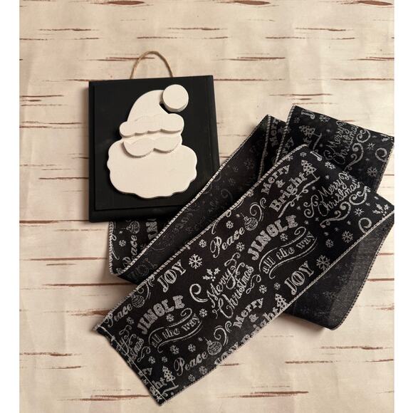 Santa Christmas Holiday Card Holder Black Wooden Topper Black Script Ribbon - Picture 2 of 4